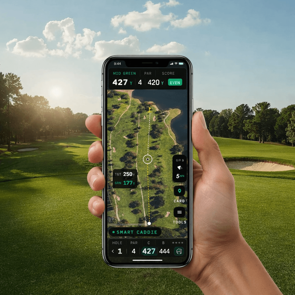 Phone held over a fairway showing a hole map with live golf GPS distances.