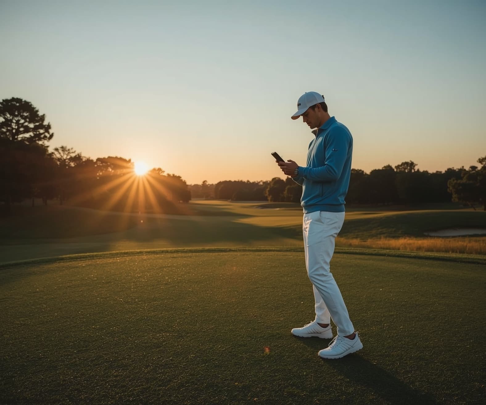 Golfer on a tee box at sunrise checking course yardage on a phone.