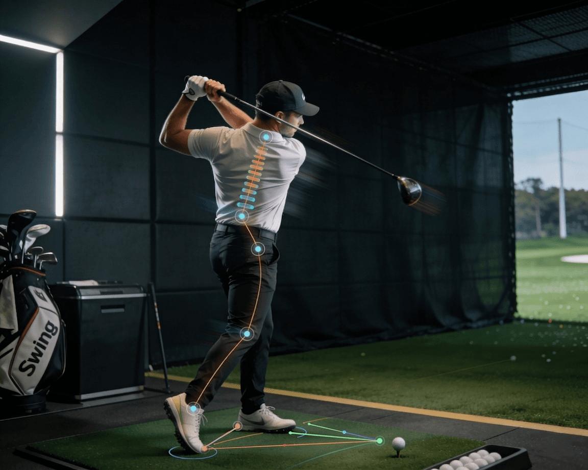 Golfer mid-swing in an indoor bay with motion overlays highlighting the Swing Analyzer feature.