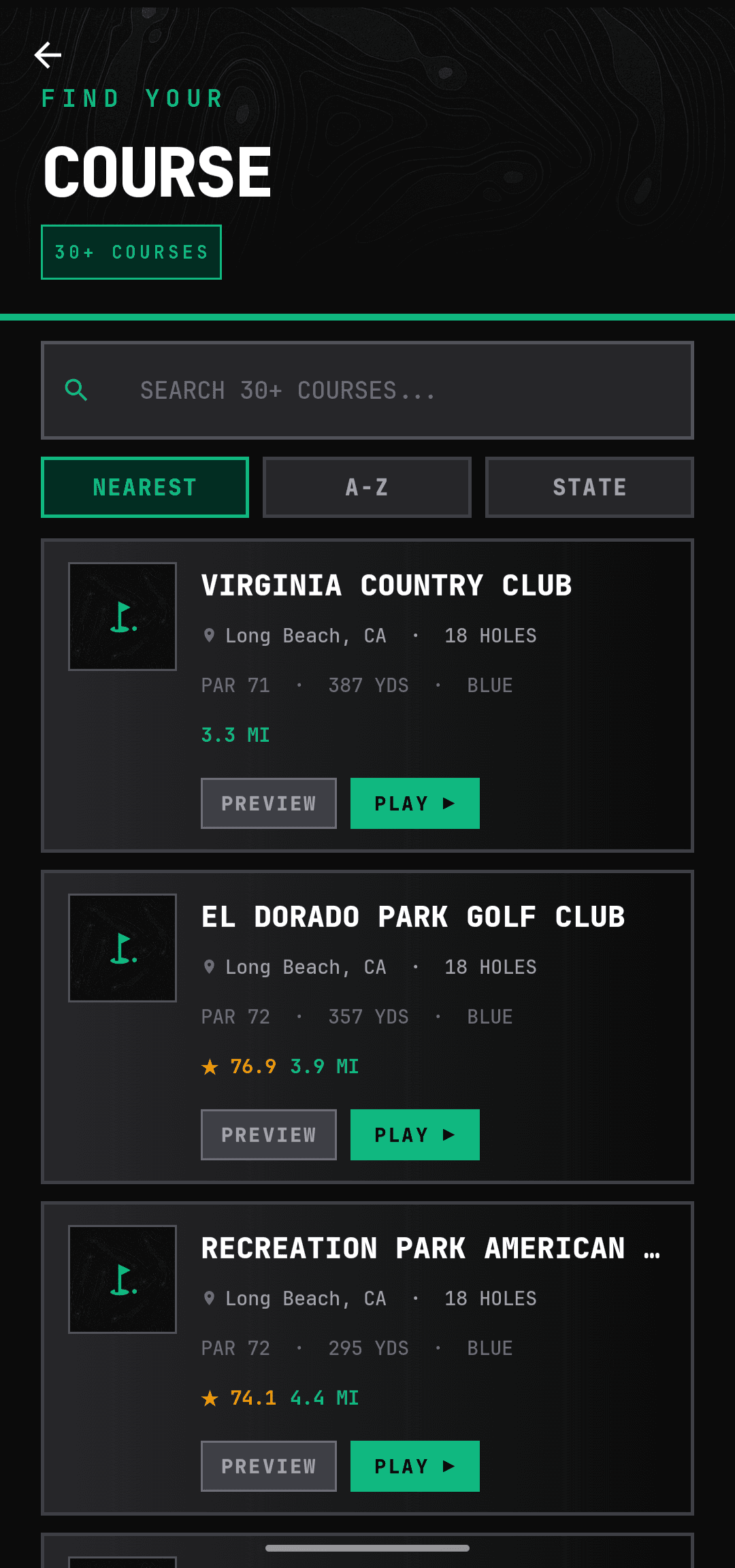 CaddieFlow course finder app screen.