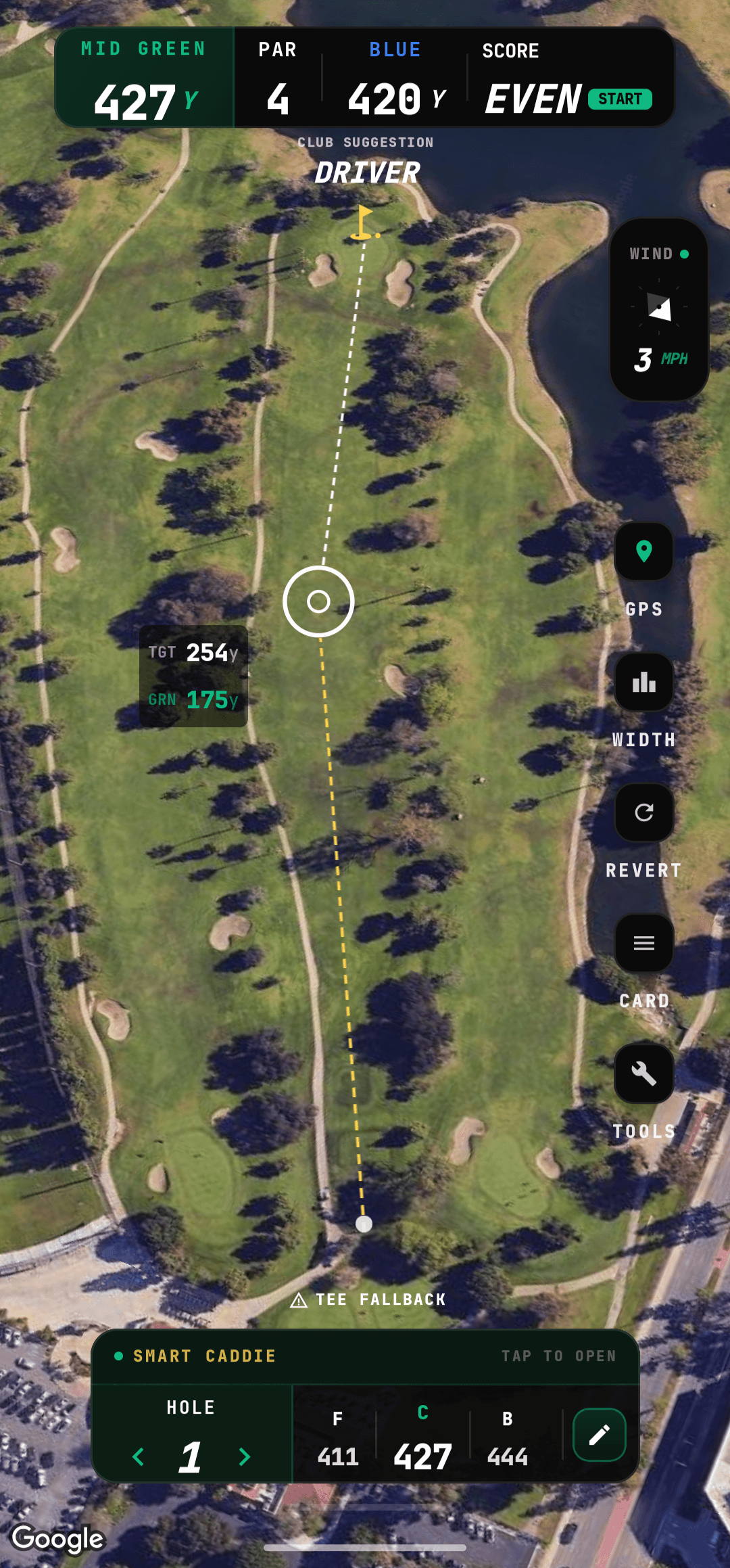 CaddieFlow GPS screen showing live yardages.
