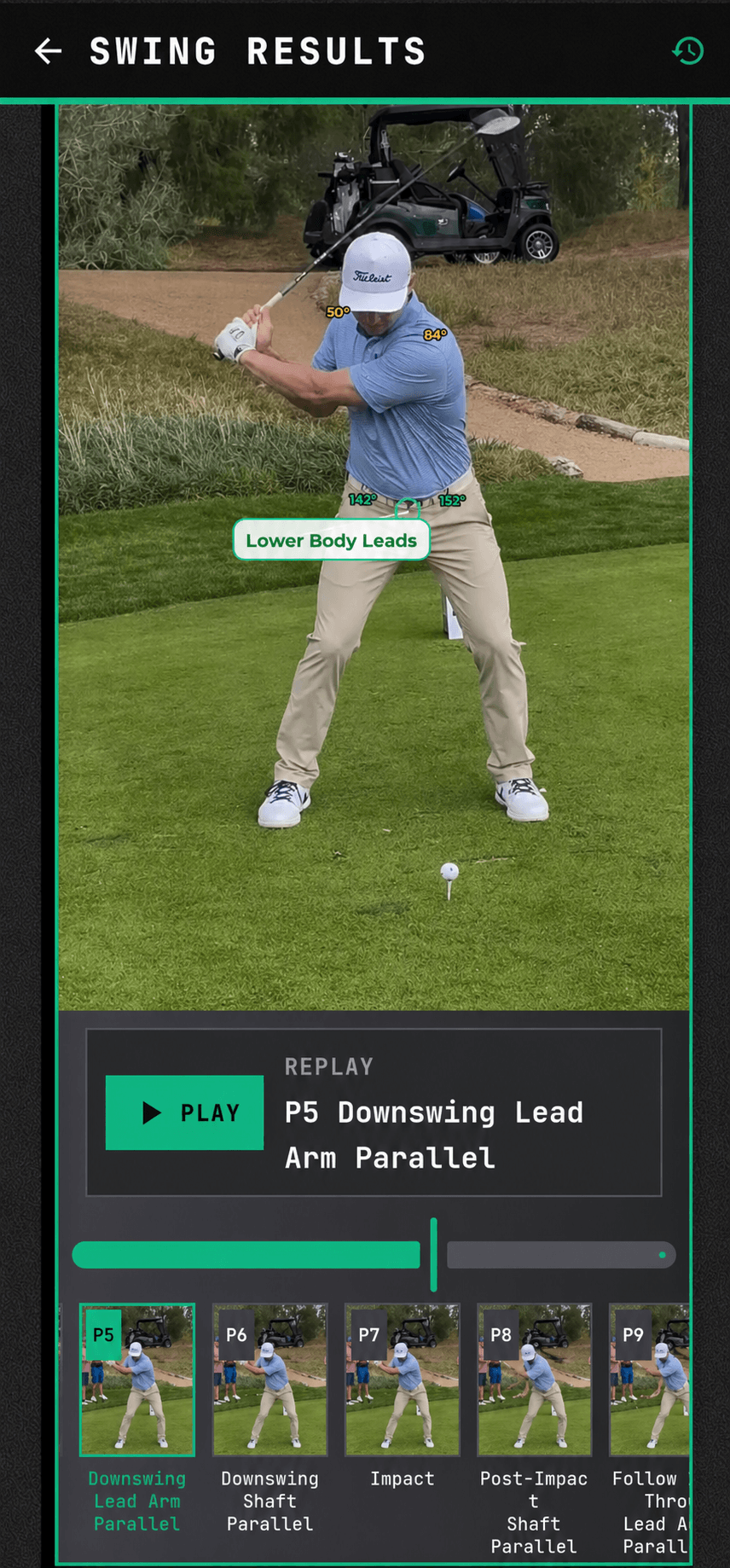 CaddieFlow swing analyzer showing motion tracking overlay on a golfer.